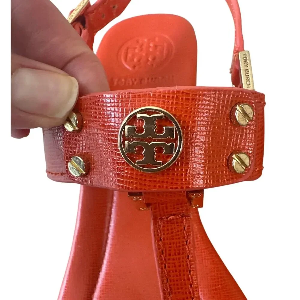 Tory Burch Robinson Demi Wedge Orange T-Strap Sandals 8